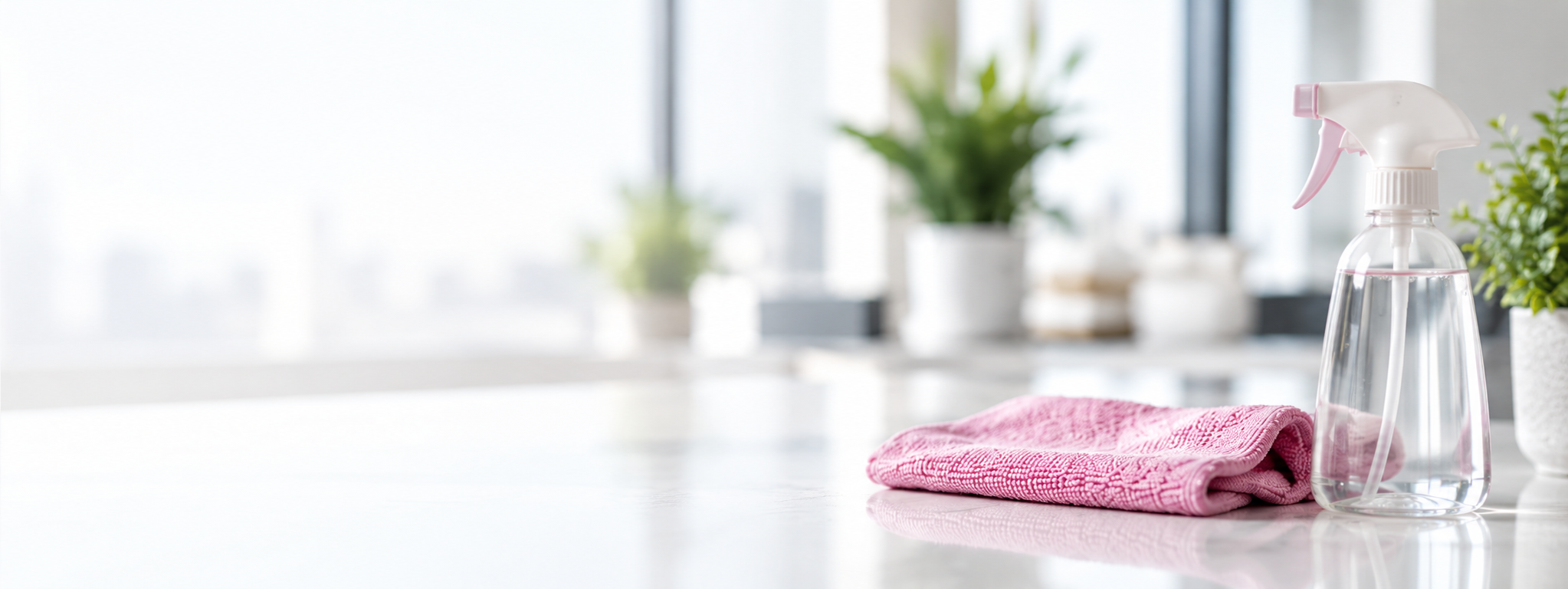 Reinigungsmittel und rosa Mikrofasertuch auf einer hellen Arbeitsfläche